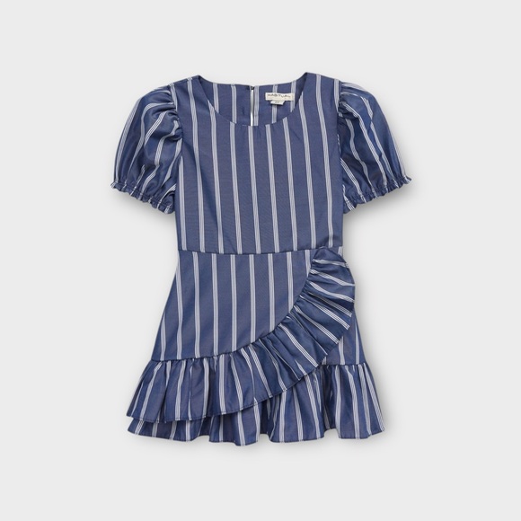 Habitual Striped Ruffled Mock Wrap Blue Dress - Picture 1 of 6